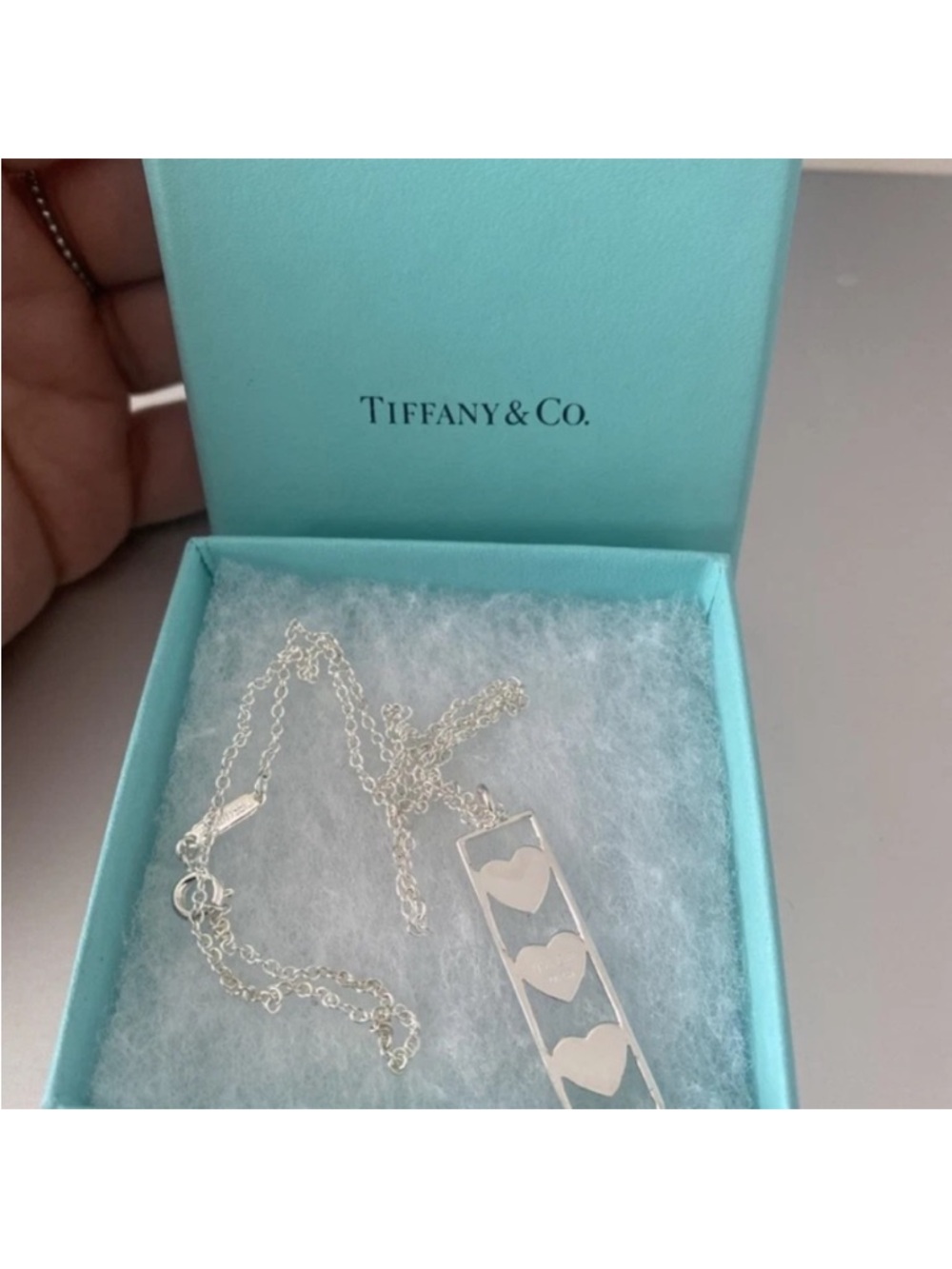 Tiffany & Co. Sterling Silver Heart Bar Necklace with Signature Blue Box